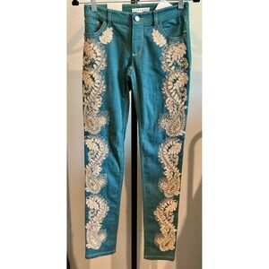 NWT Alice + Olivia Women's Blue Floral Embroidered Wide Leg Jeans Pants Size 25